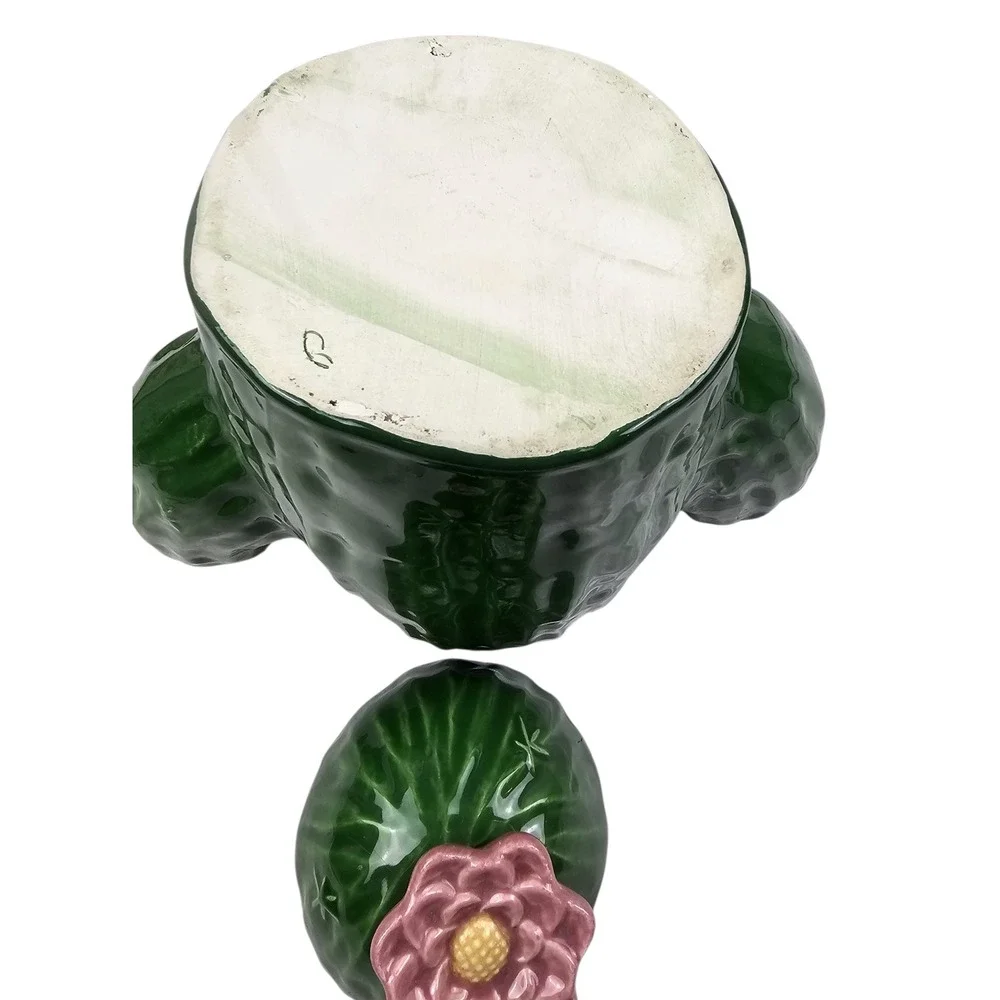 Green Ceramic Cactus Cookie Jar Pink Flower Lid Saguaro Desert Kitchen Decor